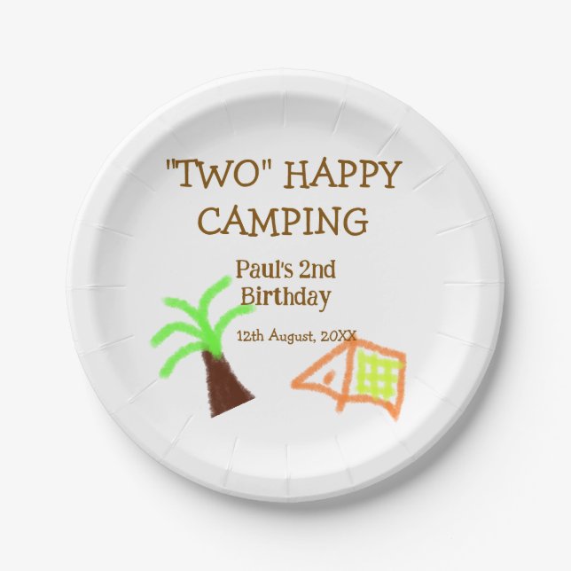 Prato De Papel Two happy camping 2nd birthday tree camp kids (Frente)
