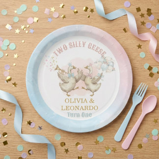 Prato De Papel Two Silly Geese Boy & Girl Twins Birthday