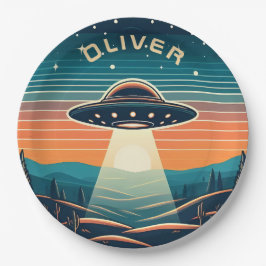 Prato De Papel  UFO Vintage ao Pôr do Sol Personalizado