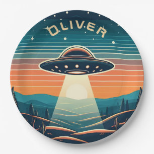 Prato De Papel  UFO Vintage ao Pôr do Sol Personalizado