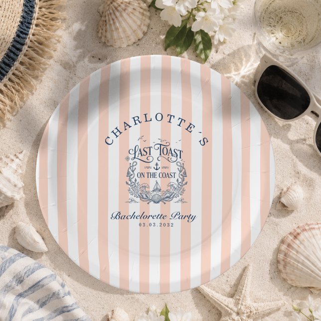 Prato De Papel Último brinde na costa! Festa de Despedida de Solt (Last Toast on the Coast! Bachelorette Party Peach Blush Stripes Paper Plates)