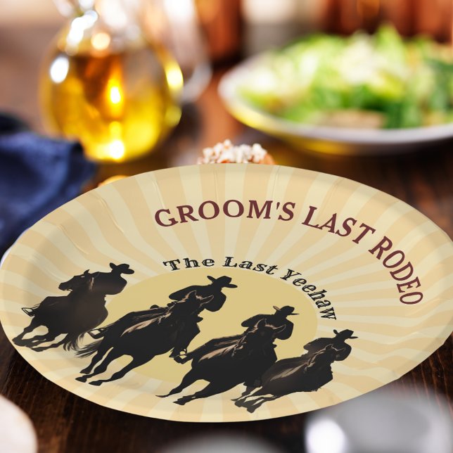Prato De Papel Último Rodeio do Cowboy Sunset Bachelor do Groom (Groom’s Last Rodeo Cowboy Sunset Bachelor Party Paper Plates)