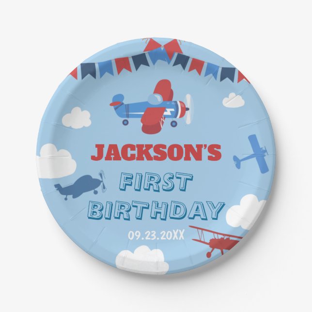Prato De Papel Um Ano De Voo De Avião primeiro aniversario Voou N (Frente)