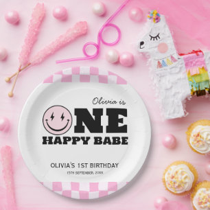 Prato De Papel Um Bebê Feliz, Cor-de-Rosa, Marcado Aniversário