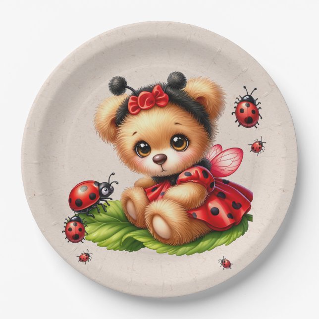 Prato De Papel Um Belo Urso De Teddy Vestido Como Um Ladybug (Frente)