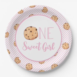 Prato De Papel Um biscoito e listras cor-de-rosa Aniversário