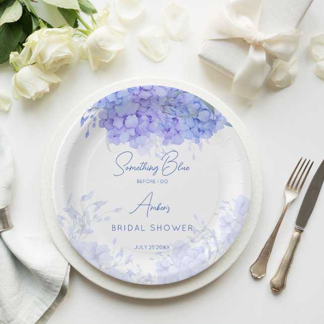 Prato De Papel Um chá de panela de hydrangea azul impresso (Something blue hydrangea bridal shower monogram printed paper plates personalized table decor)
