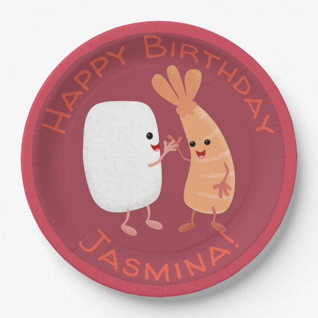 Prato De Papel Um desenho animado de amigos de camarão de arroz d (Frente)