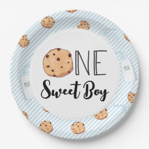 Prato De Papel Um Doce Menino Leite e Biscoitos azul Aniversário