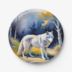 Prato De Papel Um lobo numa pintura de aquarela florestal