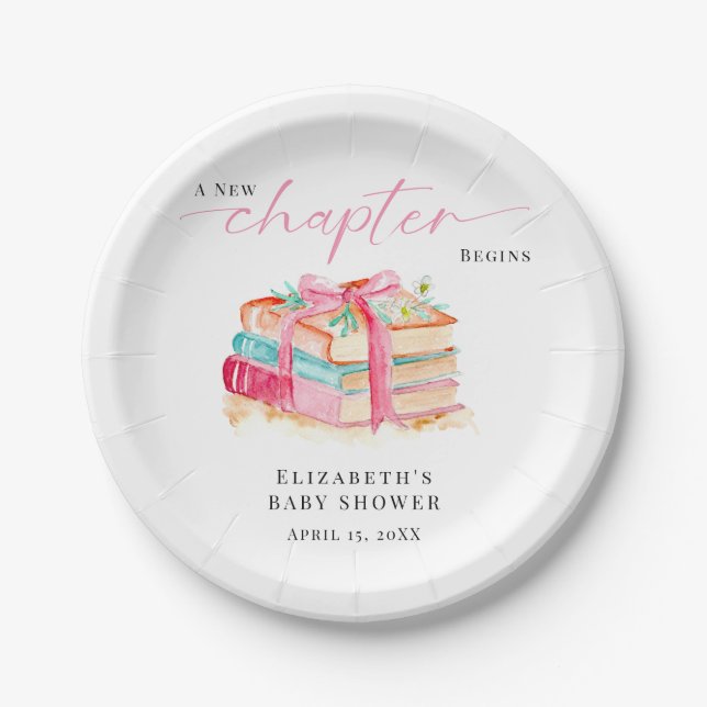 Prato De Papel Um Novo Capítulo Começa Chá de Bebê Aquarela Livro (Frente)
