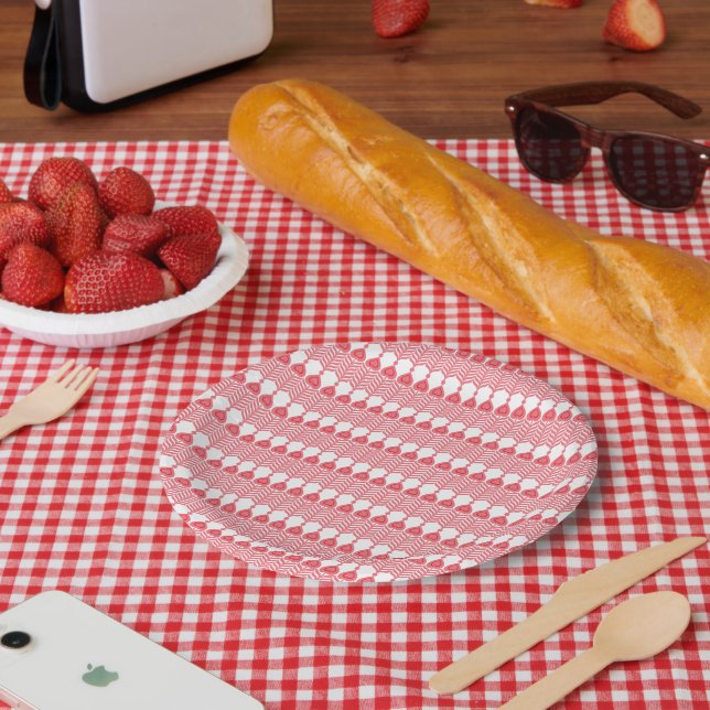 Prato De Papel Um padrão geométrico vermelho e rosa apresentando  (Piquenique)