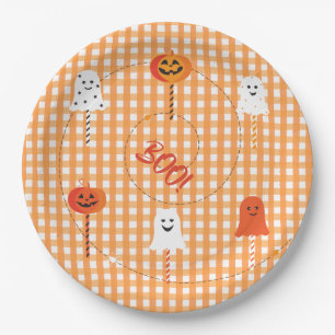 Prato De Papel Um Pequeno Boo é Devido Laranja Gingham Fantasma A
