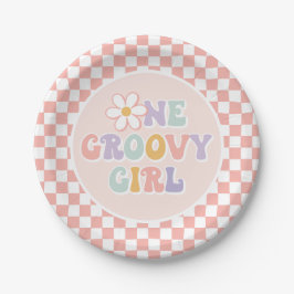 Prato De Papel Uma garota da Groovy, Pink Daisy Checker