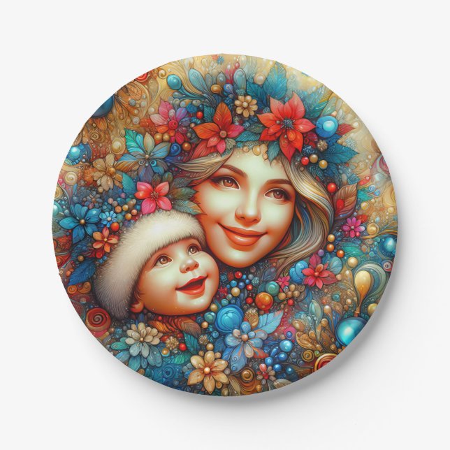 Prato De Papel UMA MÃE E O NATAL DO BEBÊ ~ Fofo ~ (Frente)