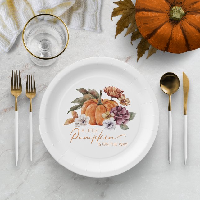 Prato De Papel Uma Pequena Placa De Chá de fraldas De Abóbora (Fall In Love With Baby Paper Plate Decor Baby Shower Fall Autumn Watercolor Pumpkin Floral)
