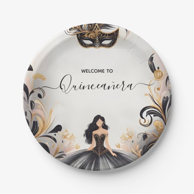 Prato De Papel Uma Quinceanera De Mascarada De Máscara De Rico De (Frente)