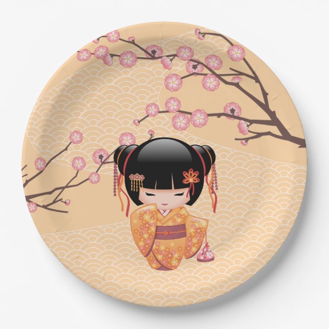 Prato De Papel Ume Kokeshi Doll - Rapariga Peach Geisha Japonesa (Frente)