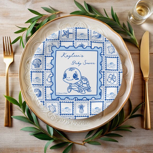 Prato De Papel Under the sea turtle retro post stamp monogrammed (Under the sea turtle retro post stamp turtle baby shower monogrammed paper plates personalized decor)