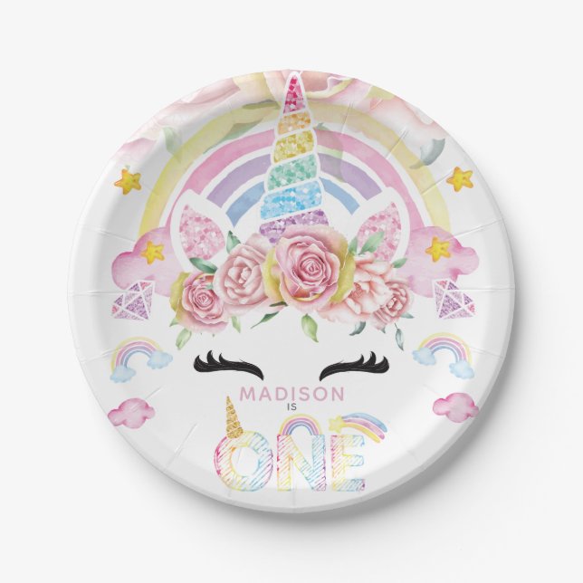 Prato De Papel Unicorn Magical First Birthday Floral (Frente)