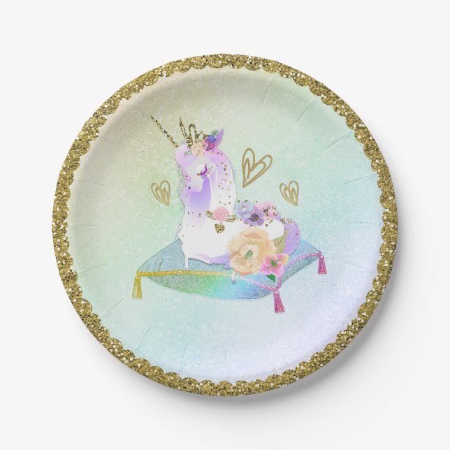 Prato De Papel Unicorn Princesa Iridescente do Rainbow Pastel (Frente)