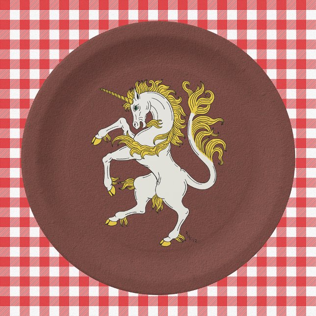 Prato De Papel Unicorn Rampant (Unicorn Rampant Paper Plates on Tablecloth)