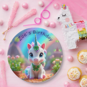 Prato De Papel unicórnio bebê bonito e arco-íris, aniversário de 