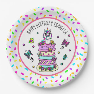 Prato De Papel Unicórnio Borboletas Aniversário de Menina Persona