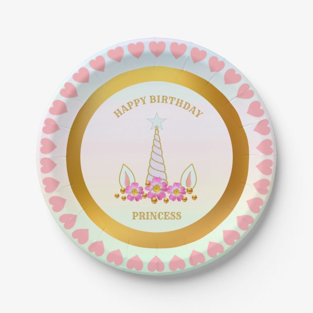 Prato De Papel Unicórnio, Flores, Corações & Pontos Dourados (Frente)
