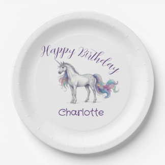 Prato De Papel unicórnio roxo maron feliz aniversário nome crianç