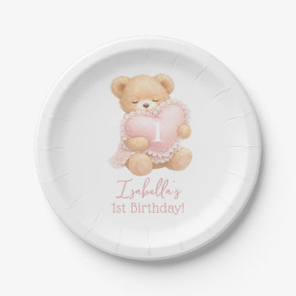 Prato De Papel Ursa de pelúcia rosa para menina de 1 ano