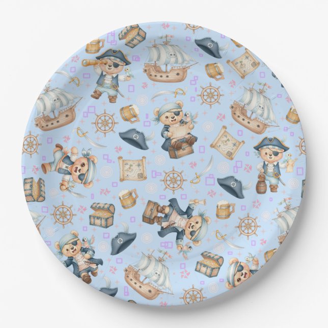 Prato De Papel Ursa Pirata Fofa Padrão Perfeito (Frente)