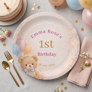 Prato De Papel Ursinho de Aguarela Rosa Menina 1º Aniversário