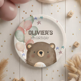 Prato De Papel Urso aquarela com balões, placa de papel de aniver