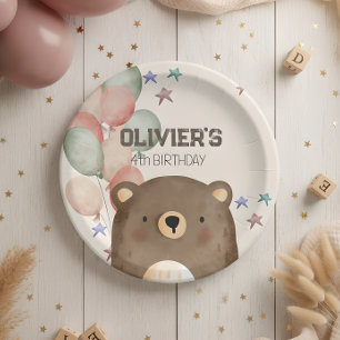 Prato De Papel Urso aquarela com balões, placa de papel de aniver