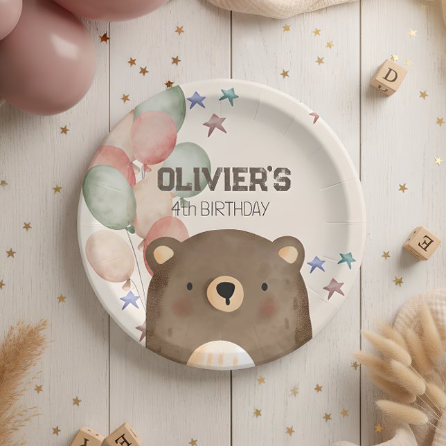 Prato De Papel Urso aquarela com balões, placa de papel de aniver (Criador carregado)