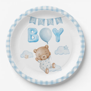 Prato De Papel Urso azul com Chá de fraldas de balão