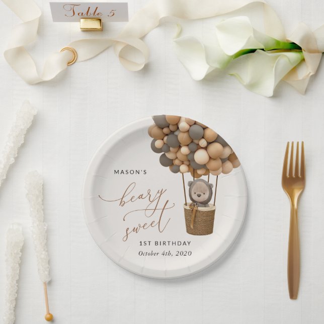 Prato De Papel Urso Bastante, Balões Marrons, Primeiro Aniversári (Casamento)