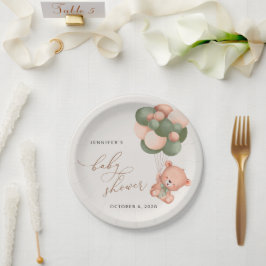 Prato De Papel Urso Bebê, Urso Teddy, Balões Verdes, Chá de frald