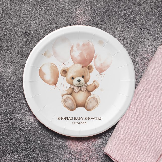 Prato De Papel Urso Bonito Com Balões | Bebê rosa (Criador carregado)