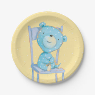 Prato De Papel Urso Calico Azul a Sorrir em Cadeira