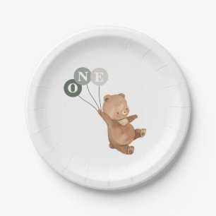 Prato De Papel Urso com primeiro aniversario de 3 Balões Verdes