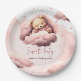 Prato De Papel Urso cor-de-rosa sobre nuvens placa de festa de an