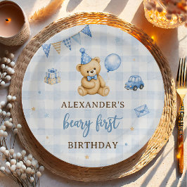 Prato De Papel Urso de 1º Aniversário Beary Balão Azul