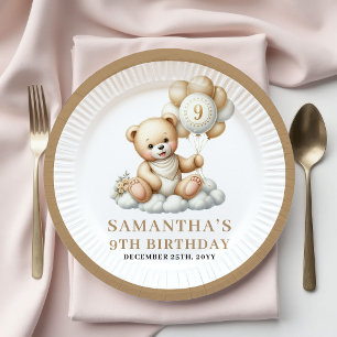 Prato De Papel Urso de Aniversário de 9 Anos Balões Dourados Marf