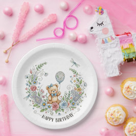 Prato De Papel urso de aniversário floral boho