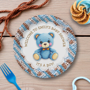 Prato De Papel Urso de Crochê Azul e Marrom É um Menino