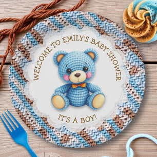 Prato De Papel Urso de Crochê Azul e Marrom É um Menino