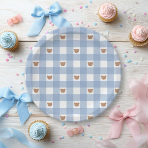 Prato De Papel Urso de Gingham Azul - Quase Chegando Bebê Menino 