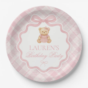 Prato De Papel Urso de Laço Coquete Rosa Plaid Aniversário